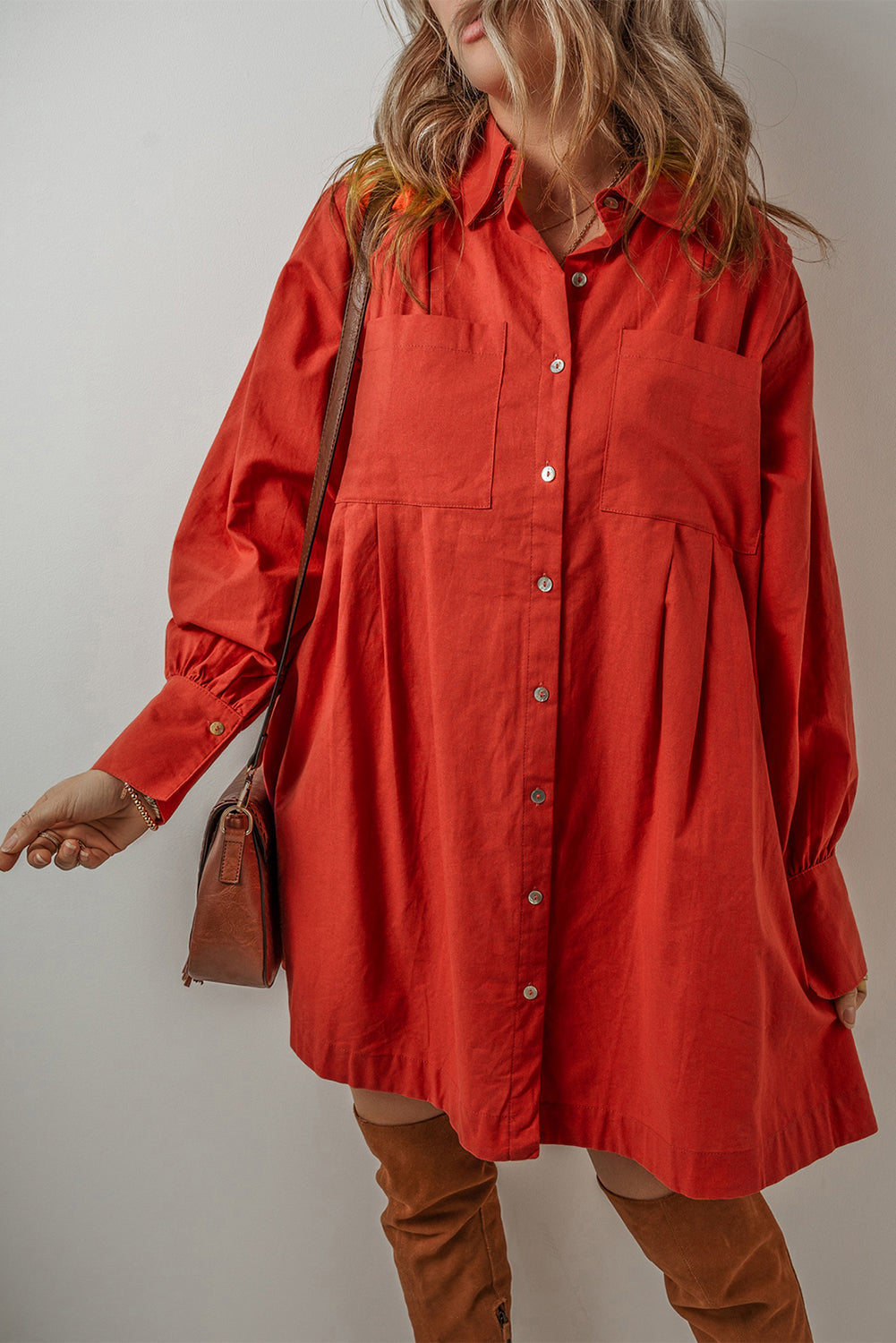 Bishop Sleeve Button Up Pleated Mini Shirt Dress