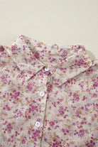 Floral Print Bishop Sleeve Collared V Neck Shirt