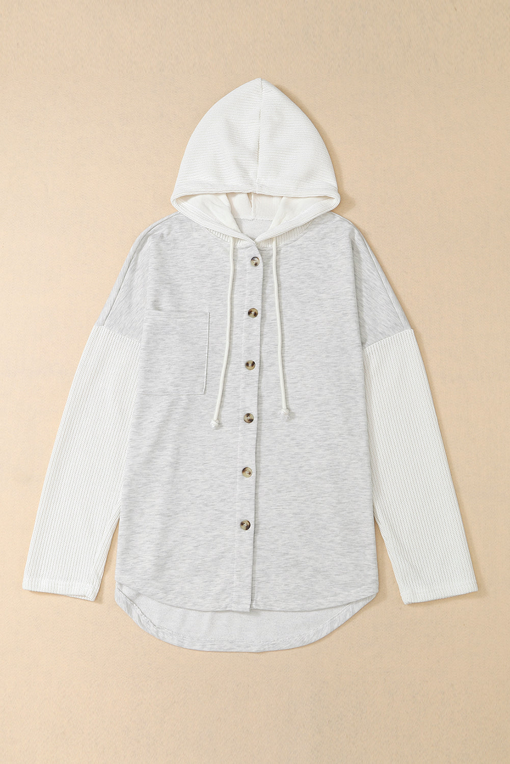 Button Up Contrast Knitted Sleeves Hooded Jacket