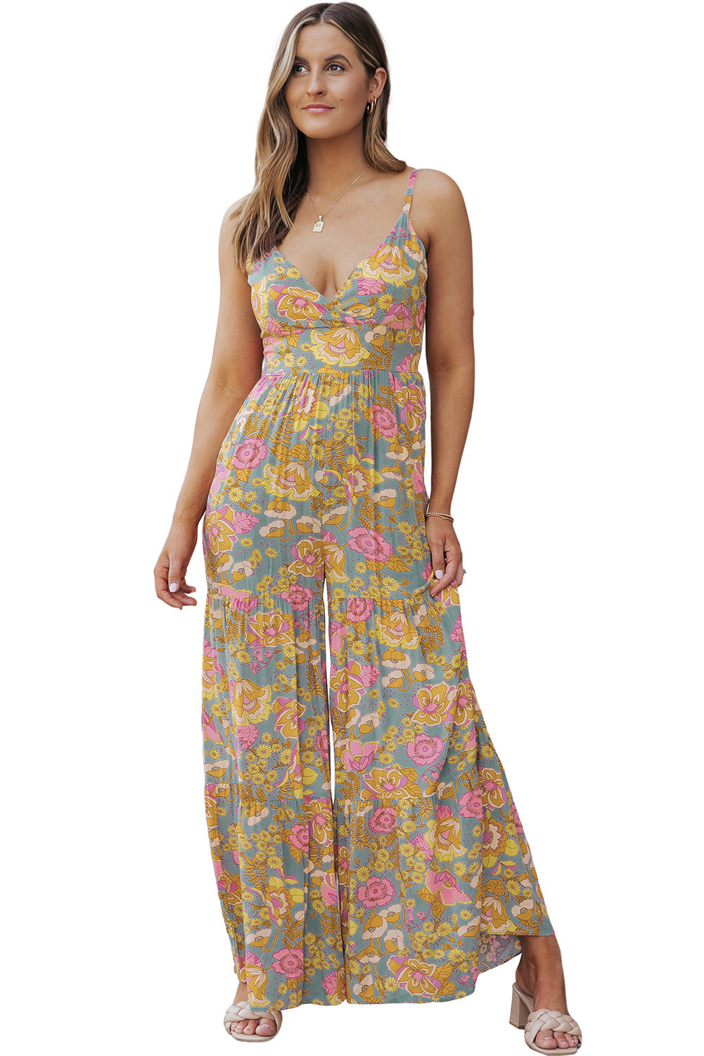 Adjustable Straps Floral Tiered Wide Leg Jumpsuit