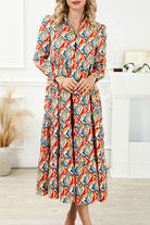 Abstract Geometric Print Long Sleeve High Waist Dress