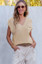 Chest Pocket V Neck Ribbed Cap Sleeve Sweater