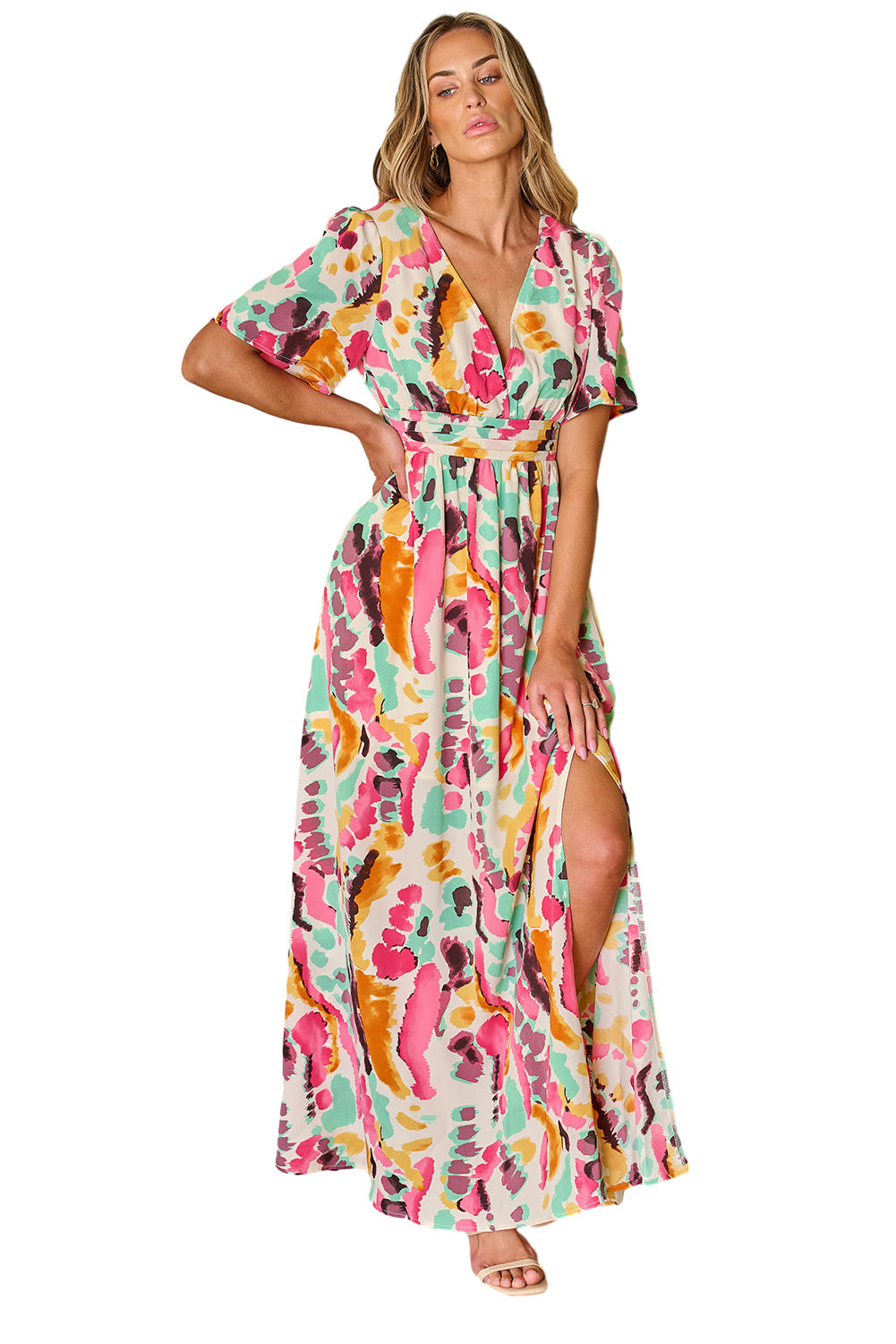 Boho Tie-dye Print V Neck Maxi Dress