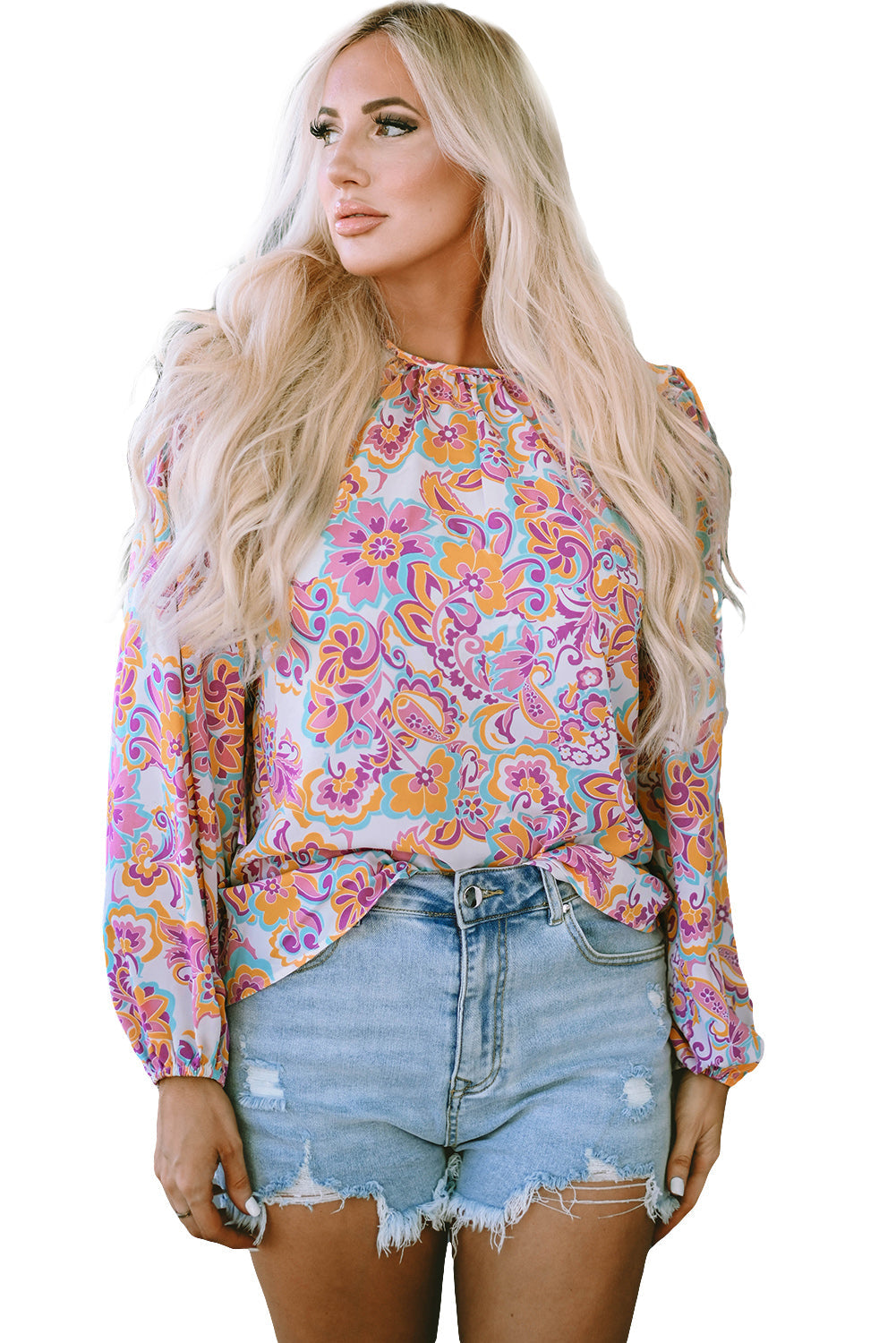 Boho Paisley Printed Peasant Sleeve Blouse