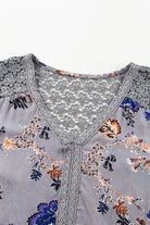 Floral Print Lace Patchwork Knot Front V Neck Blouse