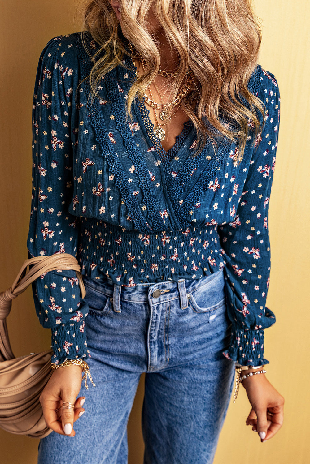 Lace Trim V Neck Floral Smocked Long Sleeve Blouse