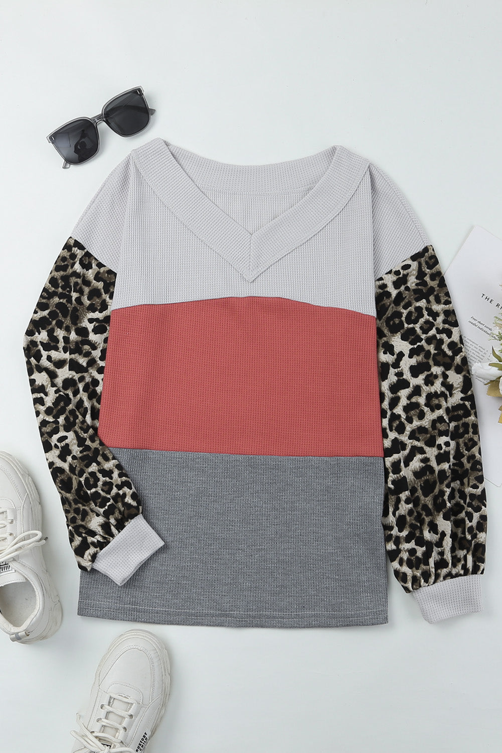 Wild Leopard Contrast Sleeve Colorblock Waffle Knit Top