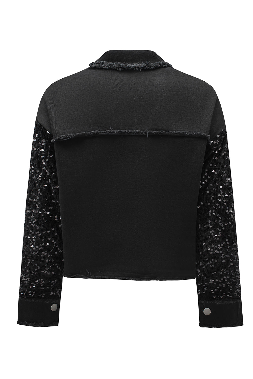 Sequin Sleeve Pocketed Raw Hem Denim Jacket