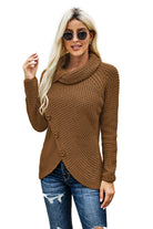 Khaki Buttoned Wrap Turtleneck Sweater