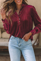 Frilled Neck Buttoned Front Velvet Top