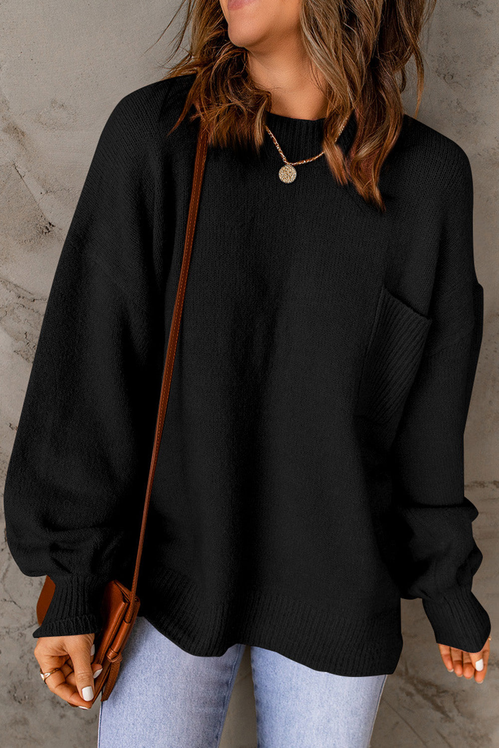 Solid Color Puffy Sleeve Pocketed Sweater