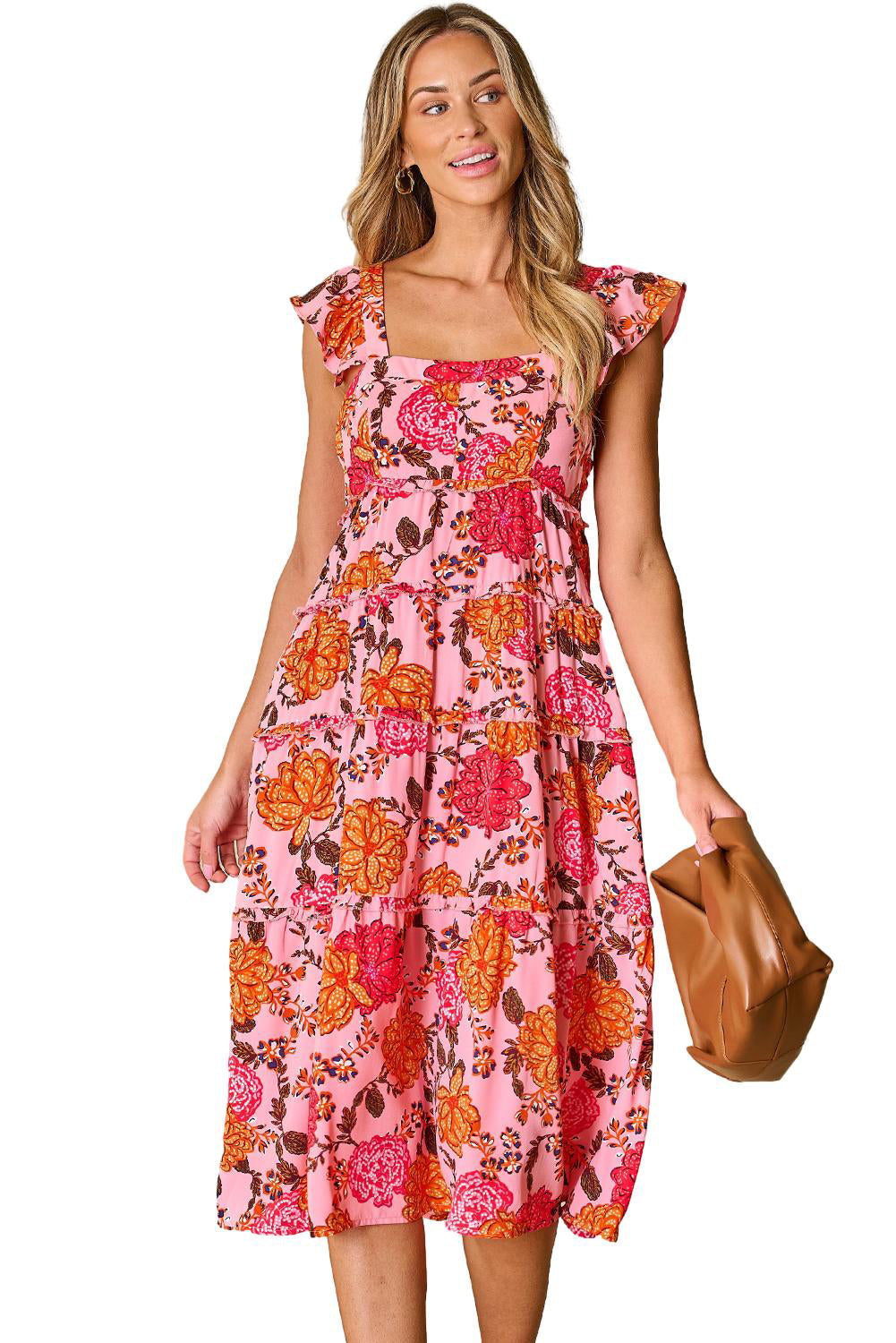 Floral Square Neck Ruffled Flutter Sleeve Tiered Midi Dress