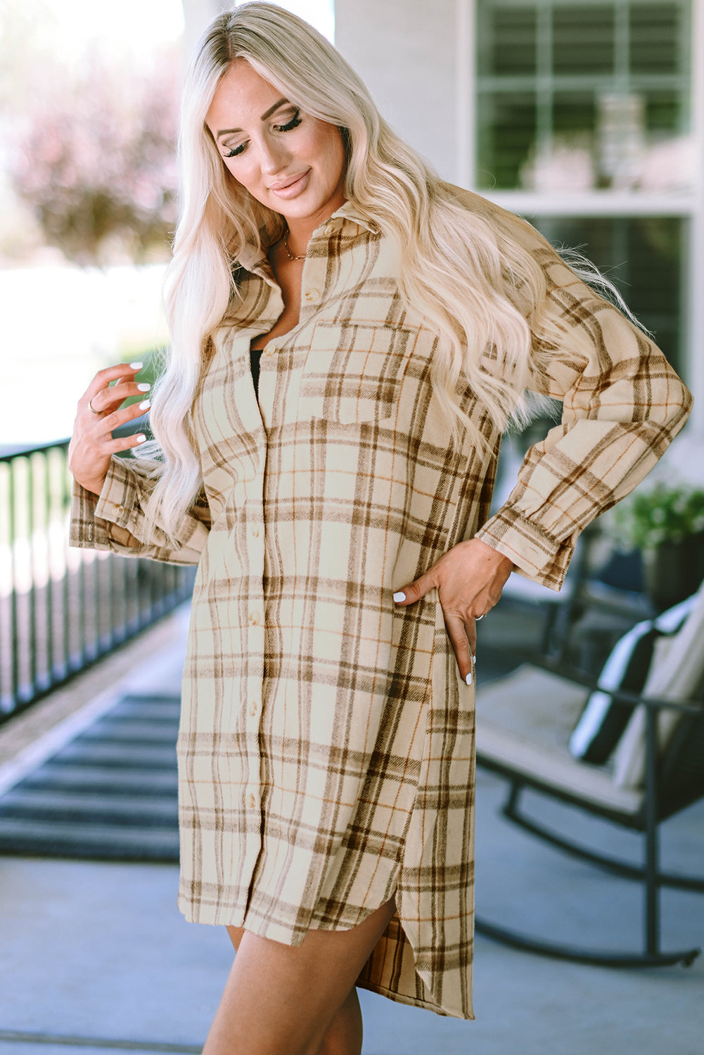 Western Plaid Button Up Loose Shirt Dress