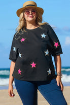 Sequin Chenille Star Pattern Plus Size Tee