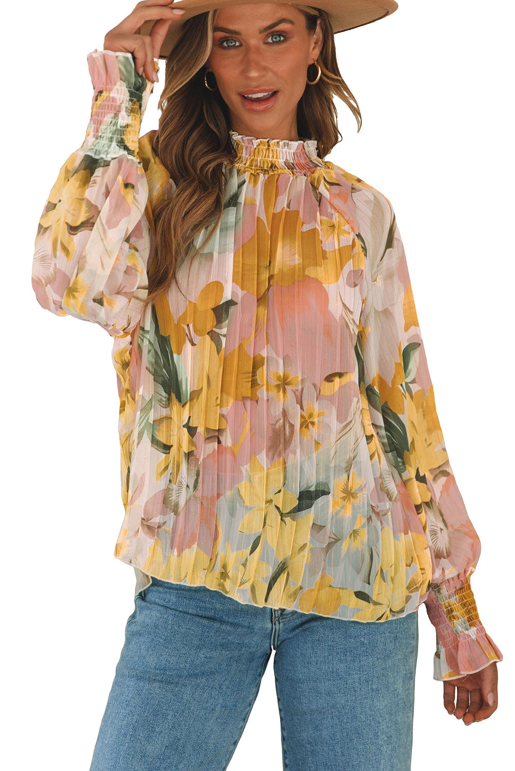 Floral Print Flounce Sleeve Mock Neck Blouse