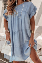 Ruffle Short Sleeve Tiered A-line Denim Dress