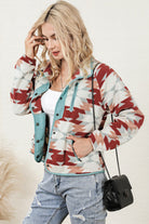 Western Aztec Buttoned Zipper Pockets Fleece Jacket