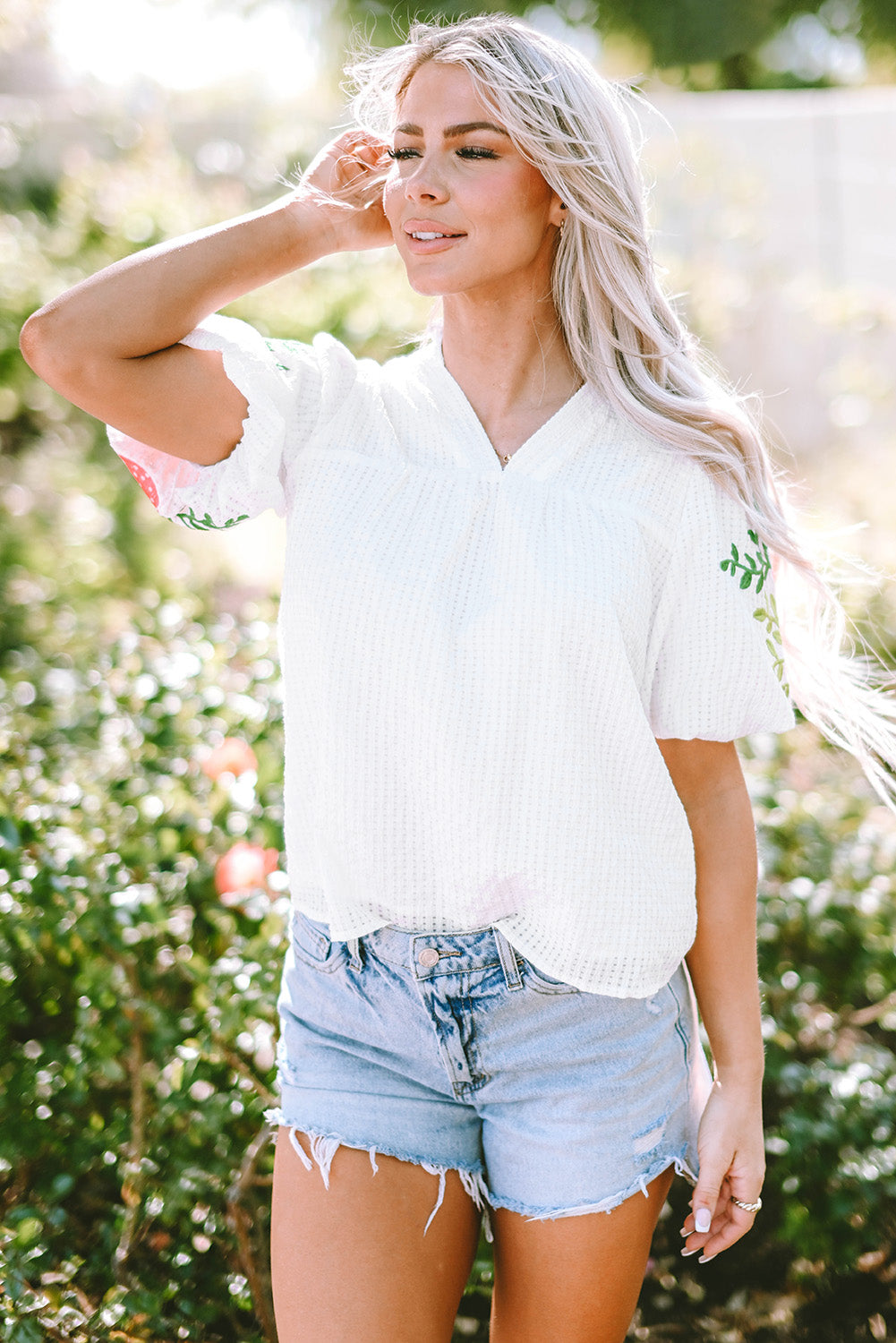 Floral Embroidered Puff Sleeve Notched Neck Blouse