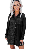 Sequin Splicing Pocket Buttoned Shirt Dress