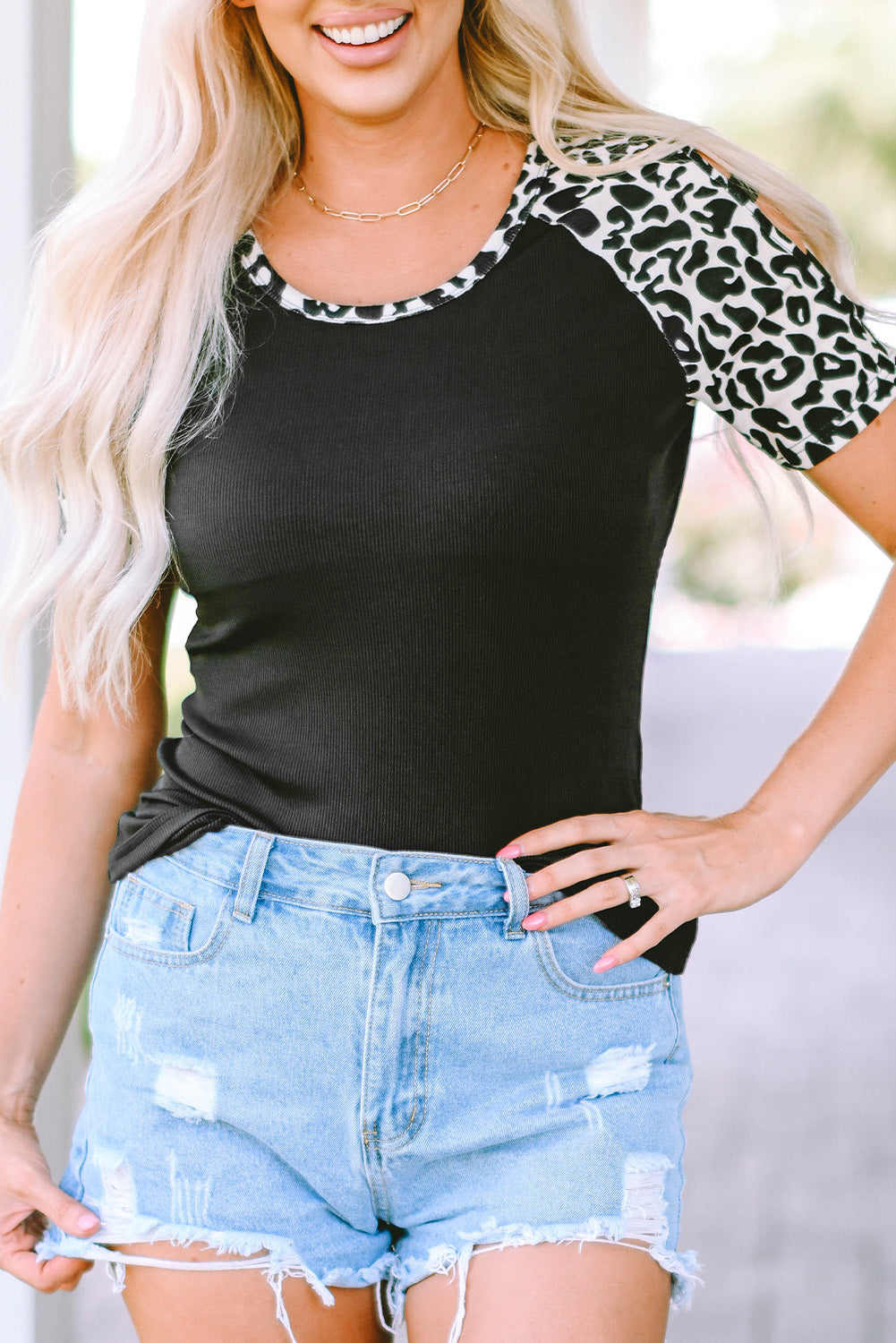 Black Leopard Color Block Cut Out Short Sleeve Top