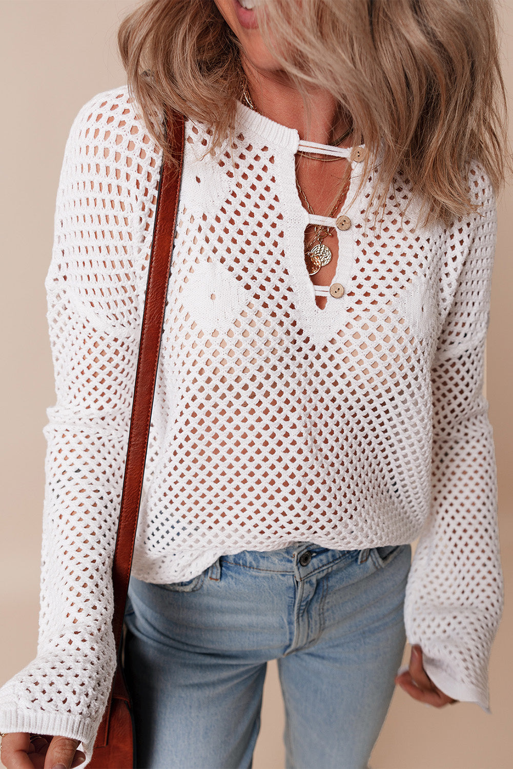 Open Knit Buttoned Neck Split Sleeve Sweater