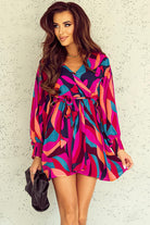 Abstract Printed Belted Puff Sleeve Mini Dress