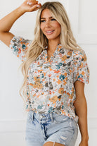 Split V Neck Puff Sleeve Flower Print Blouse