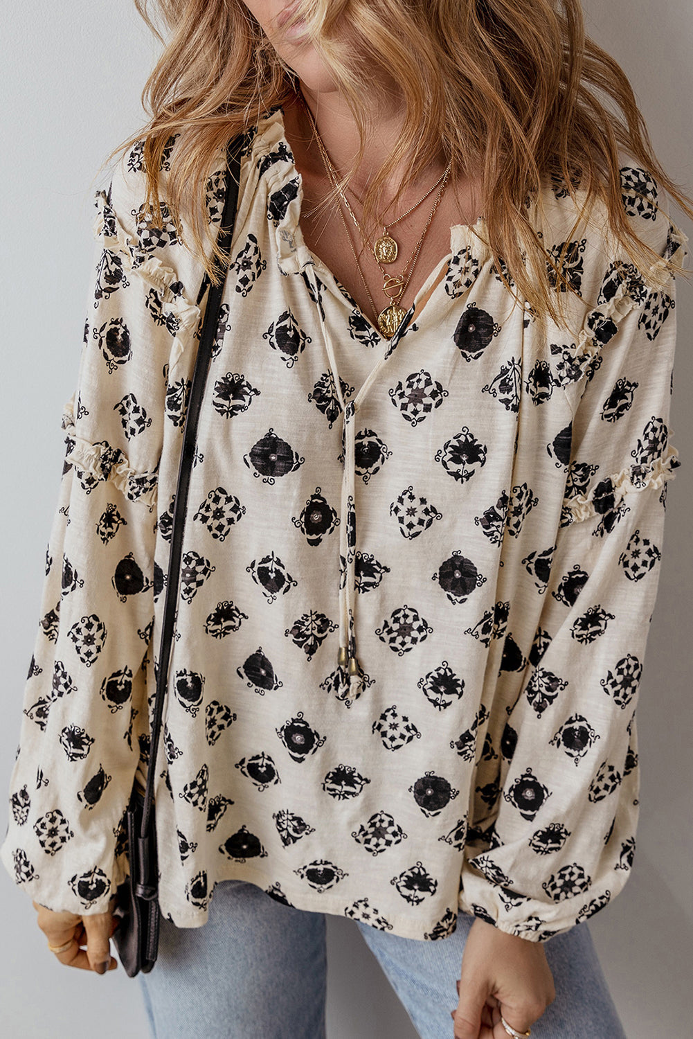 Printed Split Neck Bubble Sleeve Loose Blouse