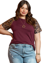 Contrast Leopard Raglan Sleeve Plus Size T-shirt