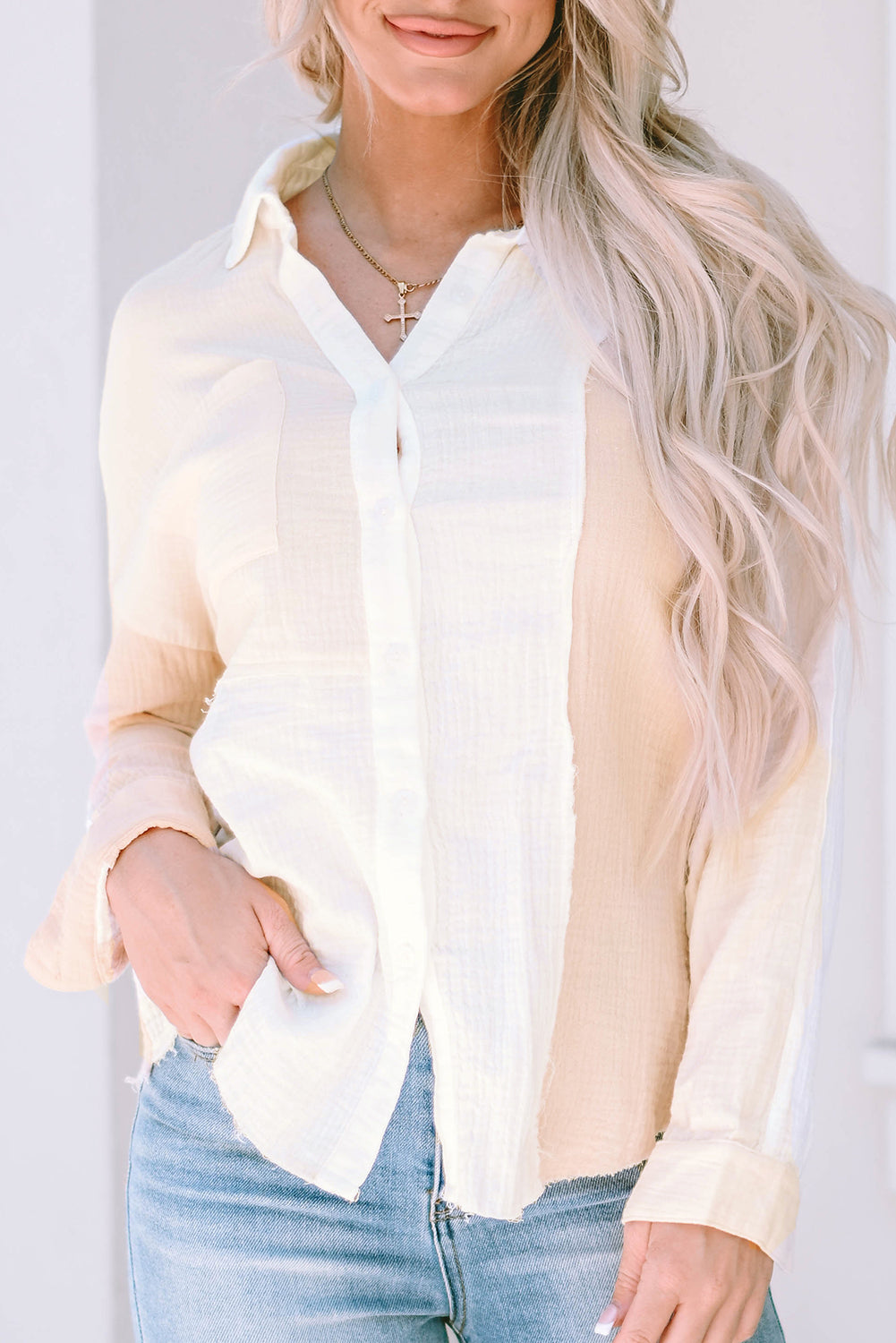 Color Block Buttoned Raw Hem Textured Shirt