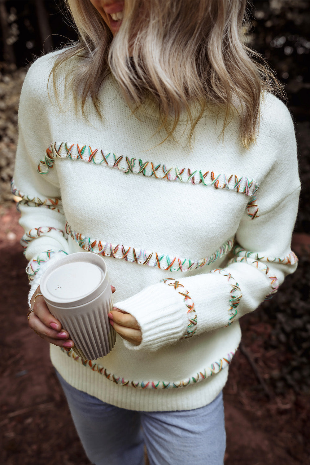 Colorful Crossed Stitch Drop Shoulder Sweater