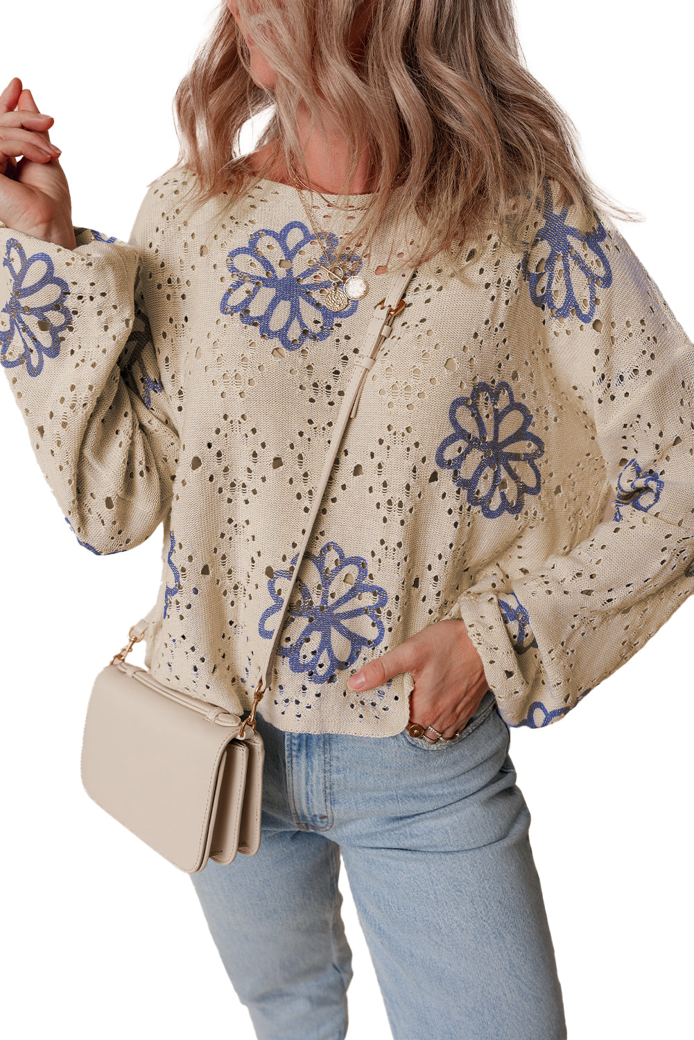 Contrast Flower Print Eyelet Drop Shoulder Sweater