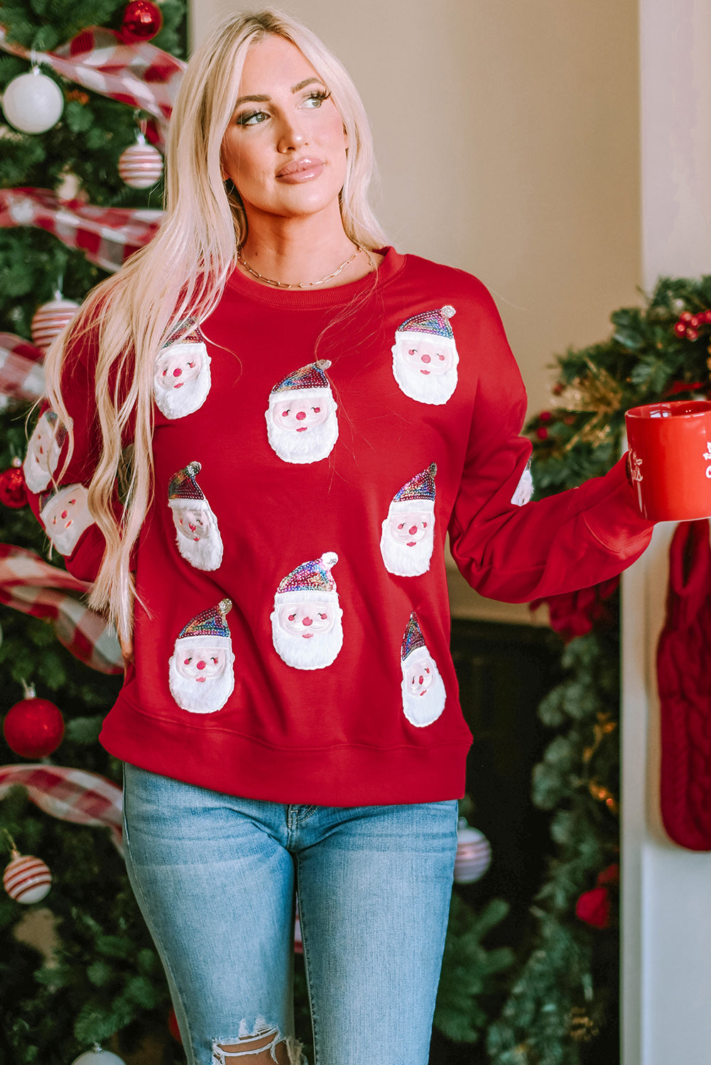 Fiery Red Sequined Christmas Santa Clause Graphic Sweatshirt