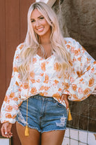 Tassel Tie V Neck Bubble Sleeve Floral Blouse