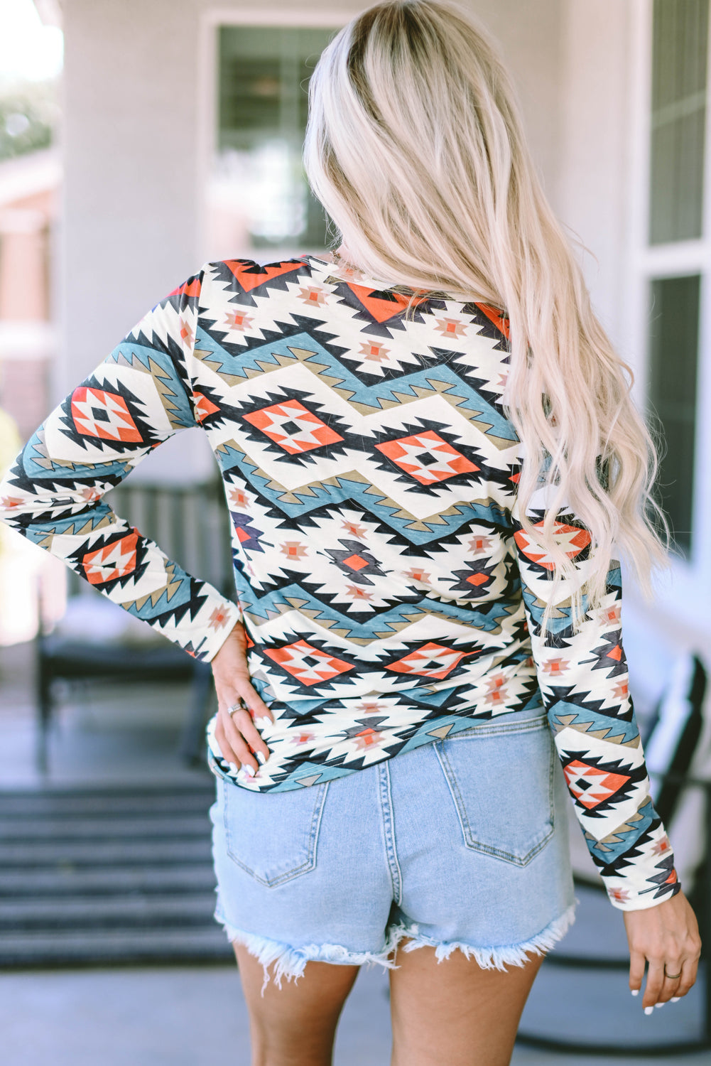 Aztec Geometric Print Long Sleeve Henley Top