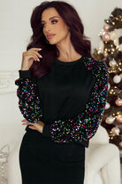 Sequin Raglan Sleeve Crewneck Pullover Sweatshirt