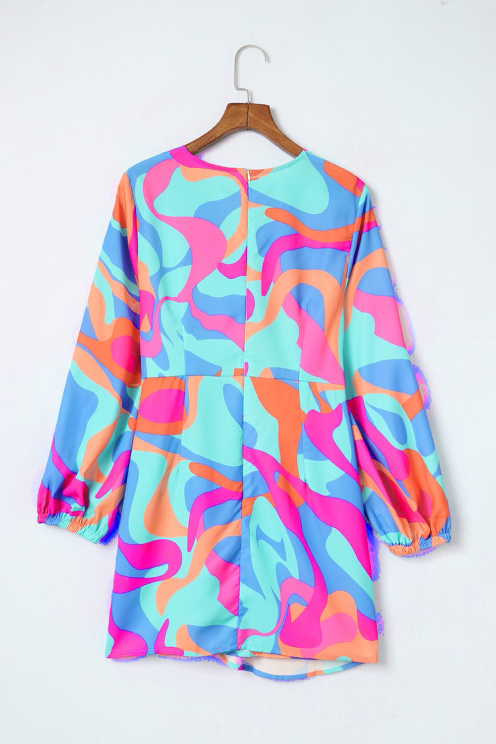 Abstract Print Wrap V Neck Puff Sleeve Dress