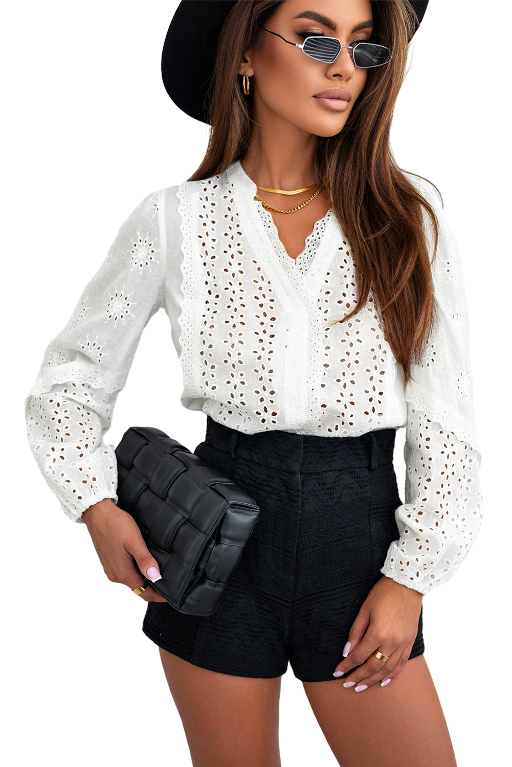 Eyelet Lace Puff Sleeve Split Neck Blouse