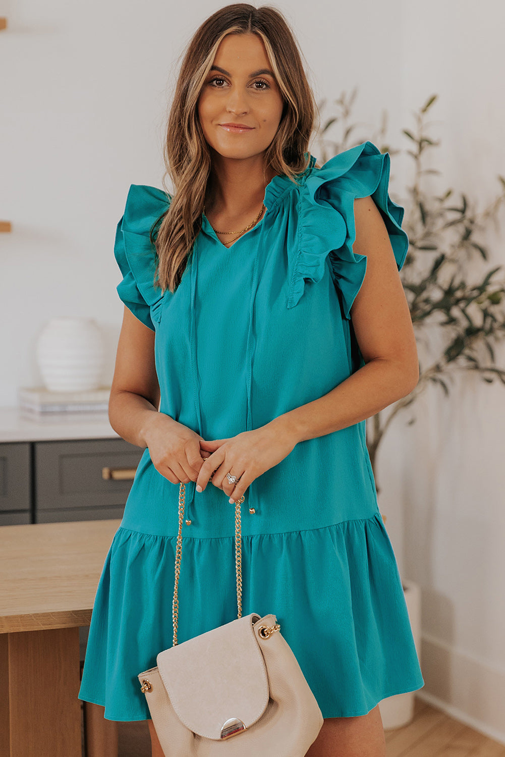 Tiered Ruffled Sleeves Mini Dress with Pockets