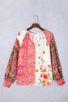 Floral Patchwork Shirred Cuff Buttoned V Neck Blouse