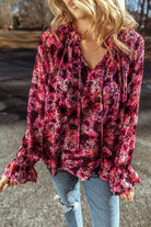 Floral Allover Print Drawstring Ruffled V Neck Loose Blouse