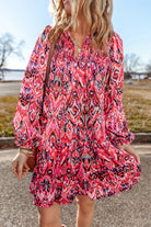 Abstract Printed Tassel Tied Neck Long Sleeve Ruffled Mini Dress