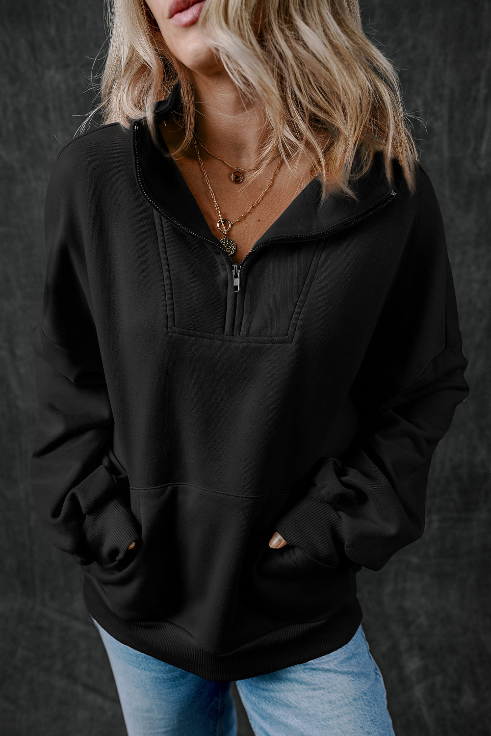 Zip-up Stand Neck Kangaroo Pocket Sweatshirt