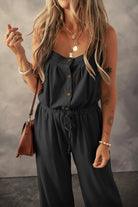 Knotted Straps Button Textured Drawstring Jumpsuit