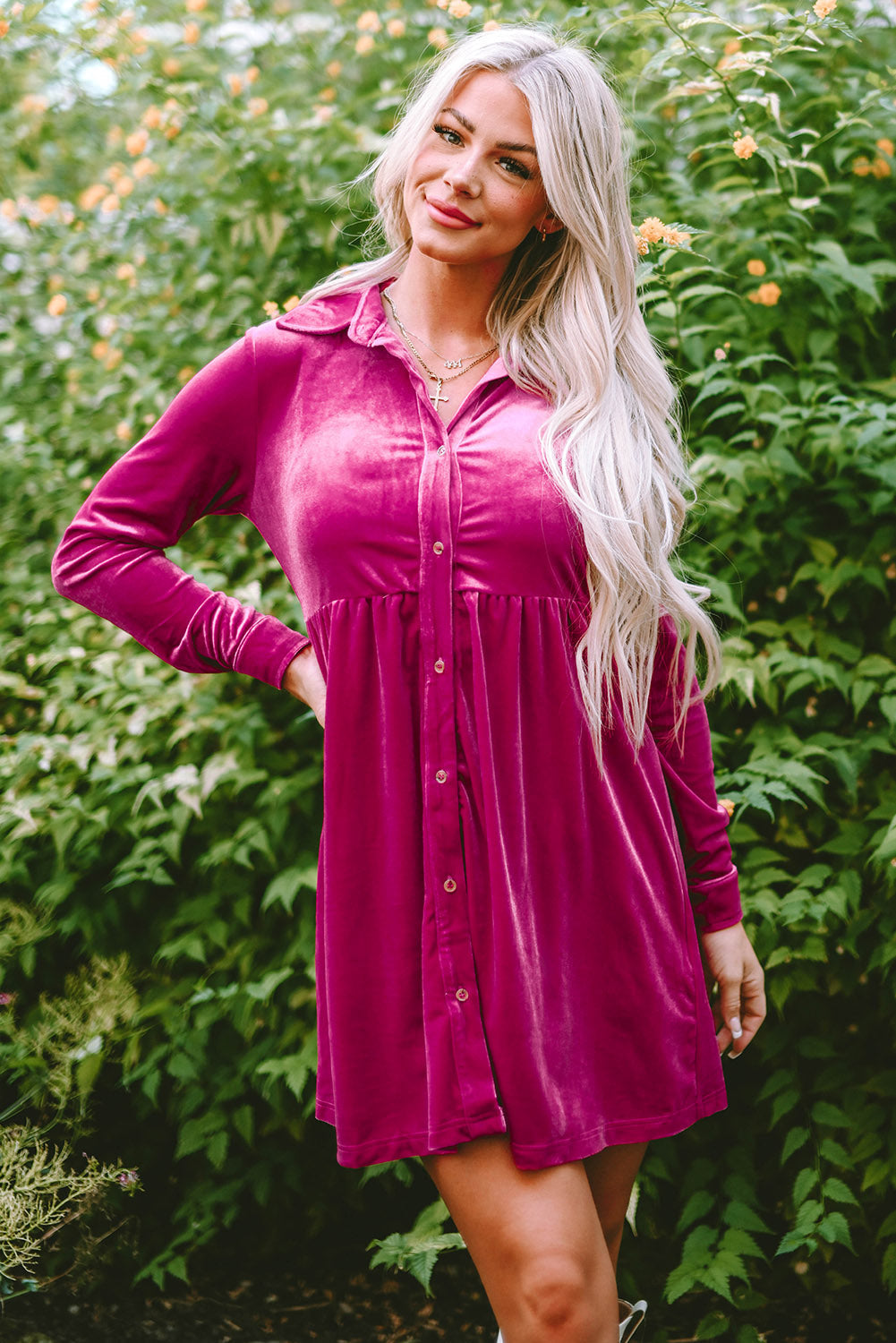 Long Sleeve Ruffle Velvet Button Up Dress