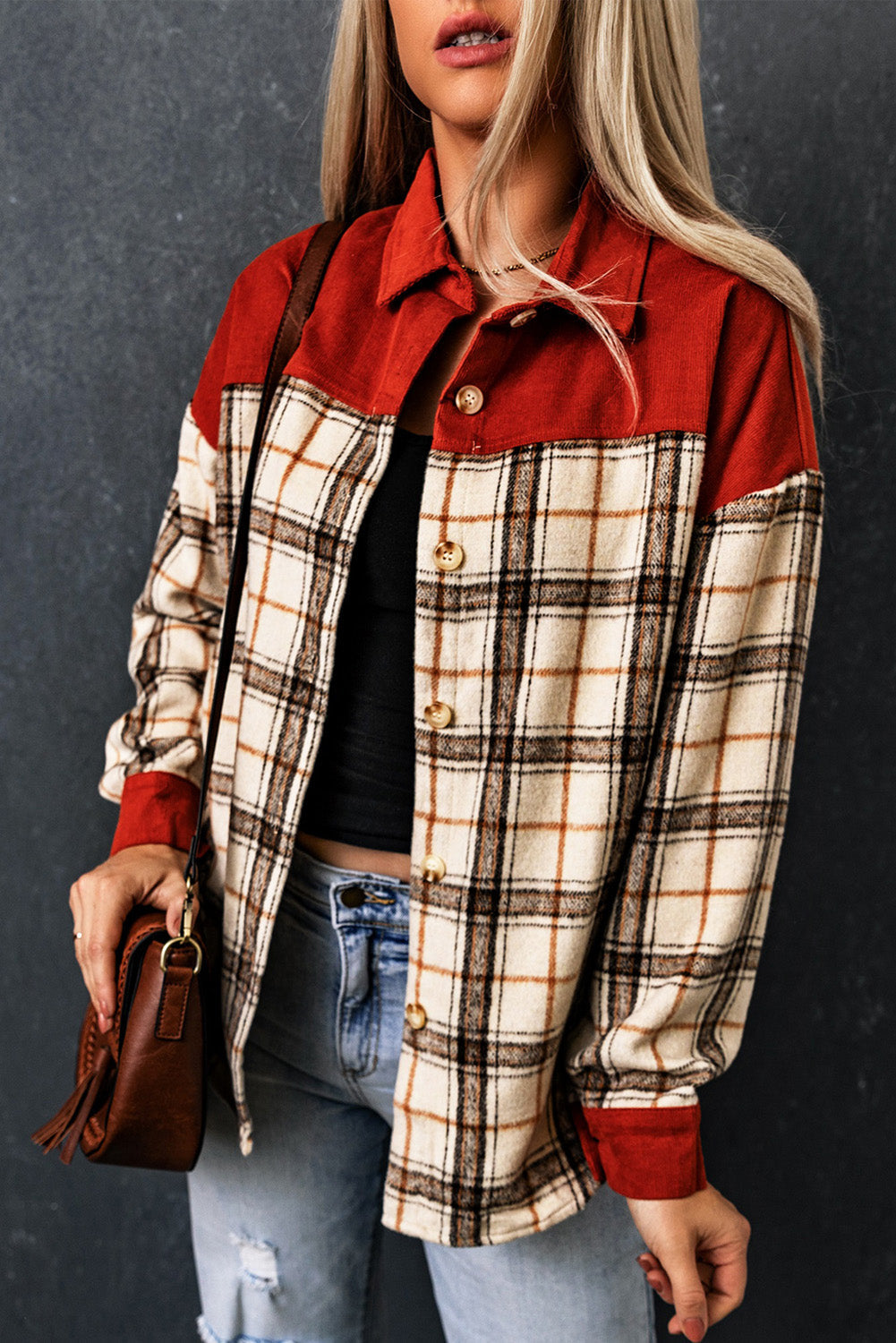 Orange Contrast Corduroy Plaid Shacket