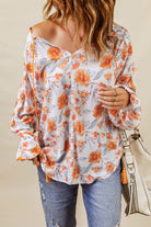 Split V Neck Floral Print Dolman Blouse