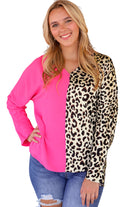 Leopard Color Block Roll Tab Sleeve V Neck Top