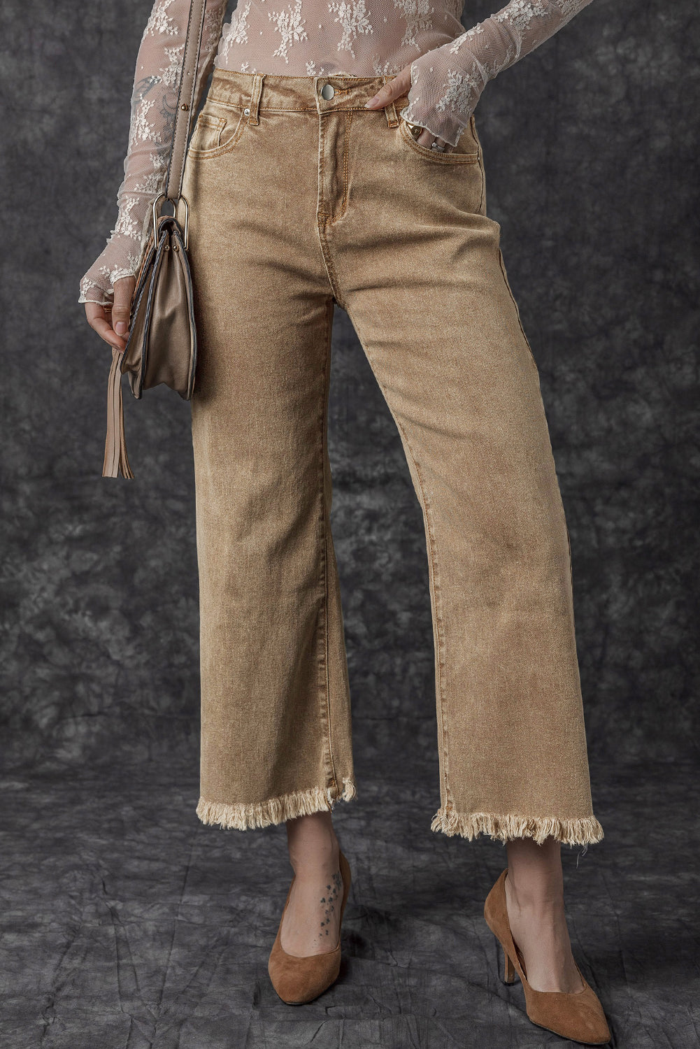 Light French Beige Acid Washed High Rise Cropped Wide Leg Jeans