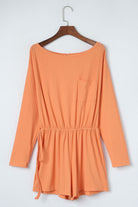 Orange Ribbed Drawstring Waist Long Sleeve Romper